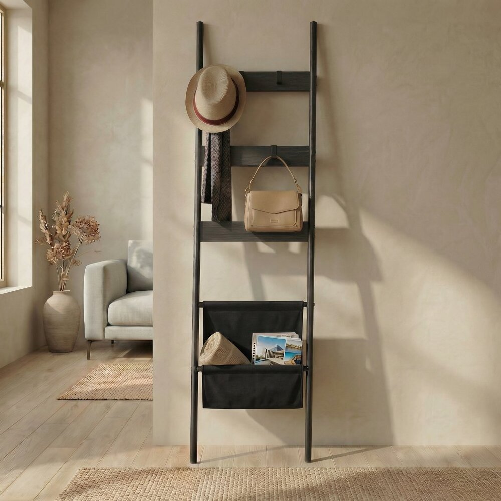 Wall-Leaning Blanket Ladder With Storage Basket 63"x17.25"x1" | Black